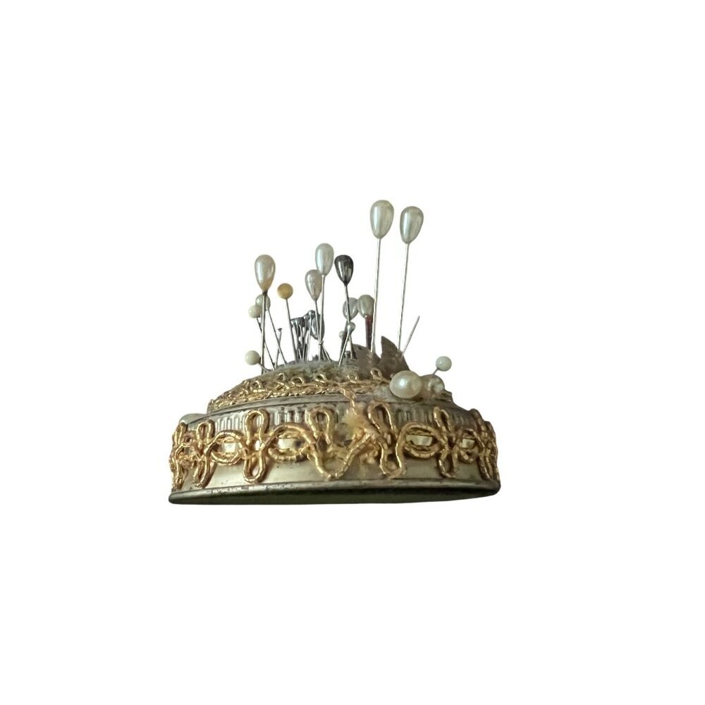 Vintage Ornate Round Pin Cushion With Assorted Pearl Pins & Gold Trimmed Base
